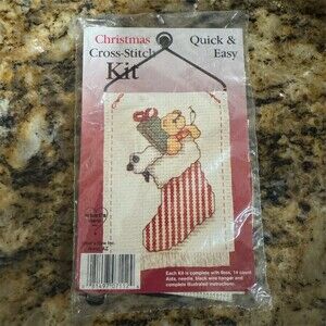 Christmas Cross Stitch Kit Quick & Easy Stocking Teddy Bear w/ Hanger 14ct